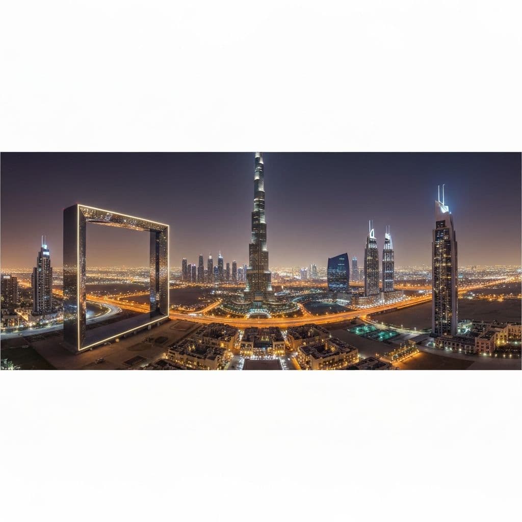 Dubai Frame and Burj Khalifa comparison aerial view